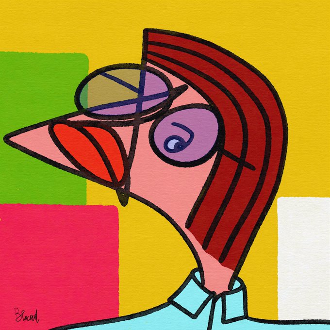 Colorful abstract cubist-style painting of a stylized woman with red hair, purple sunglasses, and a light blue collared shirt against a bright yellow background with green, pink, and white blocks.