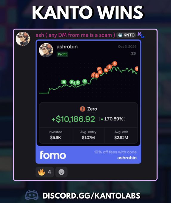 The image shows a Discord message from user "ashrobin" in the KANTO server, displaying a trade result for the ticker "Zero" with a profit of +$10,186.92 (170.89% ROI) from a $5.9K investment, shown via a Fomo profit chart. It also advertises "10% off fees with code ashrobin" and links to discord.gg/kantolabs at the bottom, highlighting the same $ZERO win referenced in the post's featured trade results.