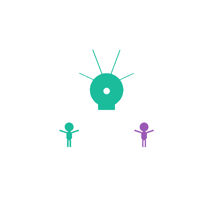 A simple green graphic illustration of a television-shaped character with antennae, flanked by two small stick figures (one green, one purple) on a white background.