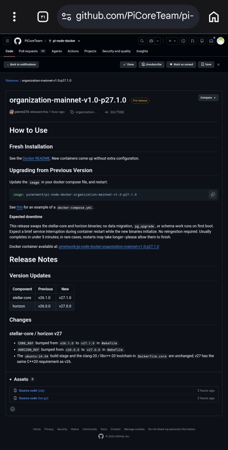 This image shows a GitHub releases page from PiCoreTeam (github.com/PiCoreTeam/pi-node-docker) for "organization-mainnet-v1.0-p27.1.0," which pre-release announces a major upgrade to stellar-core v27.1.0 and horizon v27.0.0 with no migration required for users. The release ties directly to the post's excitement about v27, supporting the Pi Network's preparation for its mainnet transition ("final takeoff") with updated blockchain infrastructure.