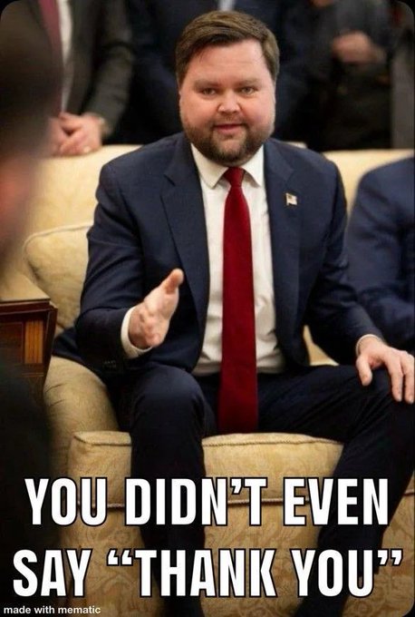 The image shows JD Vance sitting on a beige couch wearing a dark suit and red tie, with an outstretched hand gesture, overlaid with the text "YOU DIDN'T EVEN SAY 'THANK YOU'" — humorously scolding the viewer for not showing gratitude for a 33K AAPL windfall. The "ungrateful receiver" joke plays on how people often fail to acknowledge unexpected financial gains hitting their accounts.