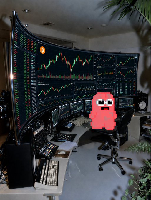 A trading setup with multiple curved monitors displaying Bitcoin price charts and market data, with a pixelated ghost-like figure sitting in the chair looking at the screens.