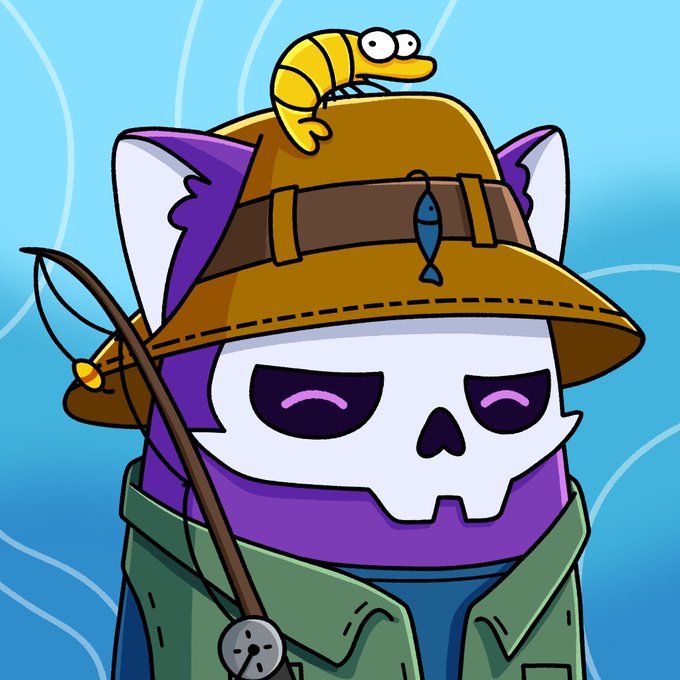 A cartoon illustration of a cat-like skull character wearing a fisherman's hat with a yellow worm on top, holding a fishing pole.