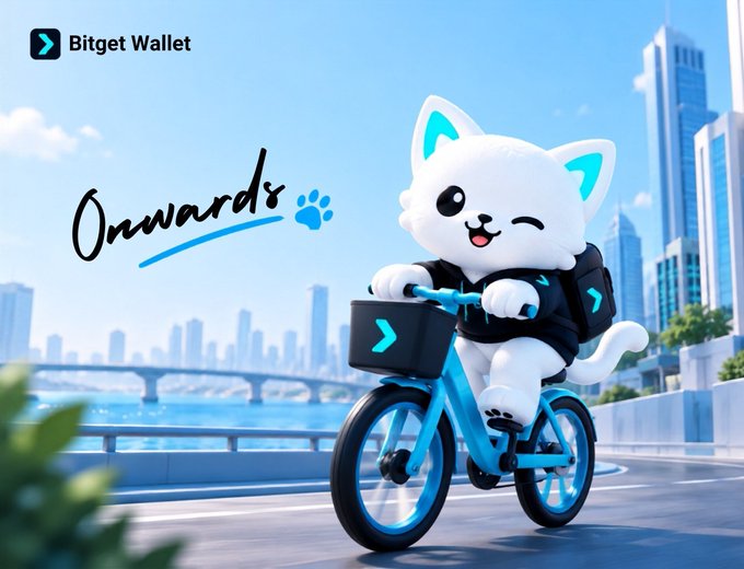 The image features a cheerful white cat mascot winking and riding a blue bicycle with a delivery box, set against a modern city skyline, with "Bitget Wallet" branding in the corner and the word "Onwards" written in stylish script alongside a paw print.

The "Onwards" text and the forward-moving bicycle visually reinforce the post's message of starting a new week with momentum and positivity for the Bitget Wallet community.