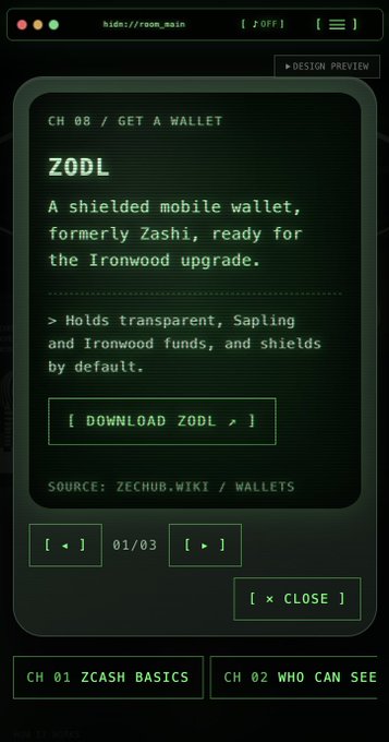 A retro green terminal-style interface showing 'ZODL - A shielded mobile wallet, formerly Zashi, ready for the Ironwood upgrade' with a download button, sourced from zechub.wiki/wallets.