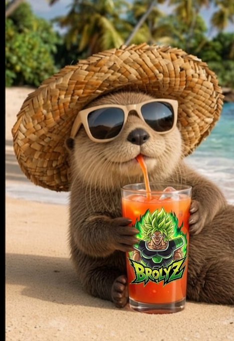 An otter wearing a straw hat and sunglasses relaxes on a tropical beach while sipping an orange drink from a glass labeled 'BROLYZ' featuring a green-haired character design.