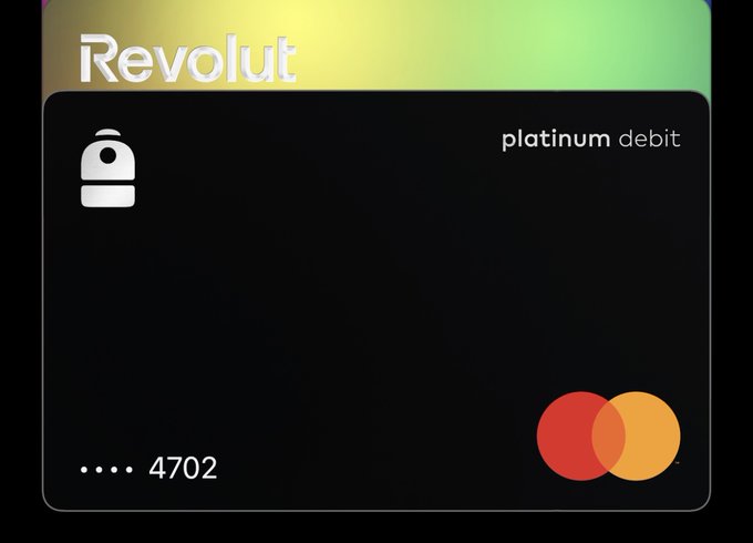 A Revolut Platinum debit Mastercard with the last four digits "4702" displayed, shown in context of a promotional post highlighting Backpack exchange's features including buying stocks, borrowing USD, earning 6.18% APY, and using a debit card for purchases like dining.