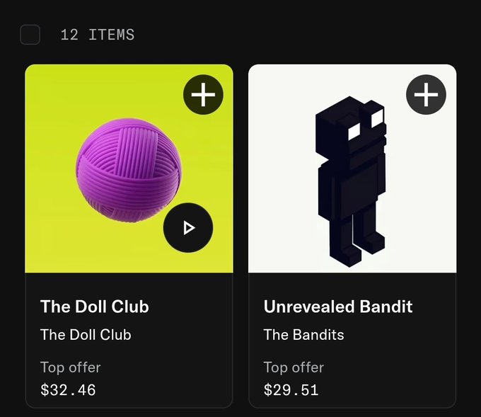 An NFT marketplace interface showing '12 ITEMS' with two listings: 'The Doll Club' featuring a purple yarn ball priced at $32.46, and 'Unrevealed Bandit' from 'The Bands' collection priced at $29.51.