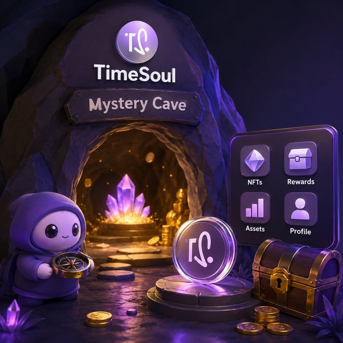 The image showcases a vibrant promotional graphic for "TimeSoul" featuring a "Mystery Cave" entrance with a glowing purple crystal, a hooded TimeSoul mascot character holding a compass, scattered gold coins, a treasure chest, a large TimeSoul coin emblem, and a dashboard interface with four options: "NFTs," "Rewards," "Assets," and "Profile." The scene visually represents the post's message by depicting Mystery Cave as a central hub where users can manage NFTs, access rewards, and oversee their assets within the TimeSoul ecosystem, with the dashboard elements directly mirroring the platform's interconnected features.