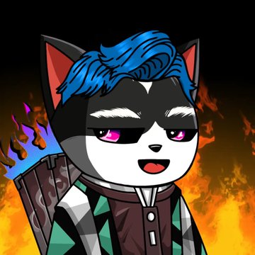 A cartoon black-and-white cat character with vibrant blue hair and purple eyes, dressed in a green and black checkered jacket, stands in front of a fiery background, matching the CatHood NFT project being promoted in the giveaway post.