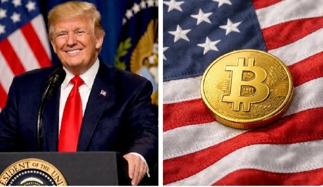 The image features two photos side by side with an American flag in one photo and a gold Bitcoin coin in the other. The first photo shows President Trump standing behind a podium, smiling at the camera while wearing a suit and tie. The second photo displays the Bitcoin coin on top of the American flag, which is prominently displayed against the backdrop of the flag. Both photos are related to the post that reads: "JUST IN: President Trump says the future of finance will be built in America. “America will dominate crypto and the next generation of financial technologies." The text suggests a connection between the Bitcoin coin and the vision for the future of finance, with the American flag symbolizing the country's role as a leader in this emerging field.