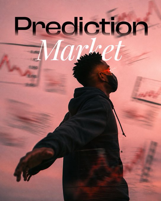 A stylized graphic titled 'Prediction Market' featuring a person wearing a mask and red-tinted glasses with arms outstretched, set against a background of red-tinted stock charts and graphs.