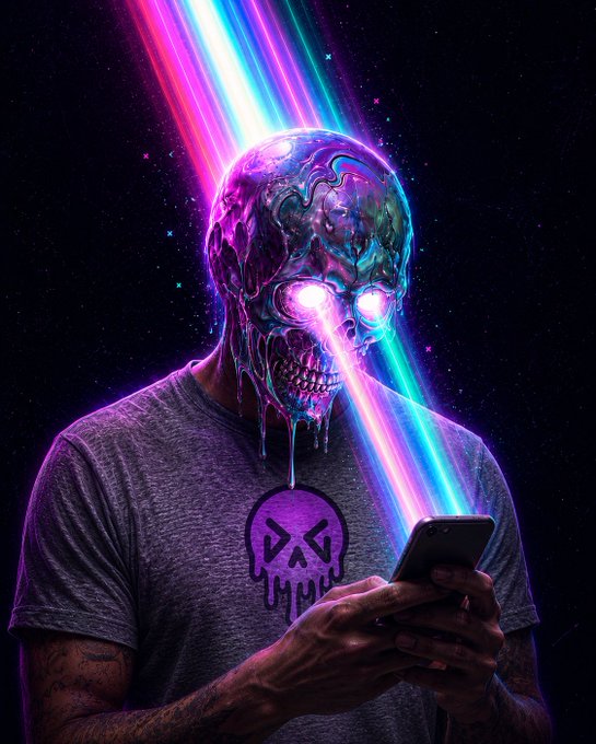 A dark, cyberpunk-style digital artwork of a figure with a melting skull face, glowing pink eyes emitting laser beams, wearing a grey t-shirt with a 'DAD' skull logo, and looking at a smartphone.
