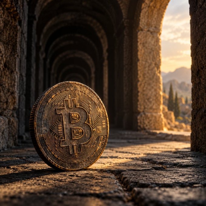 A large golden Bitcoin coin standing upright on a cobblestone surface in a stone archway, with a sunset-lit mountainous landscape in the background.