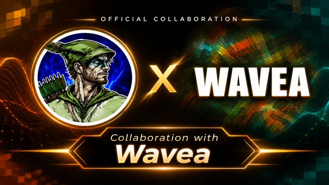 An 'Official Collaboration' promotional graphic featuring an illustrated archer character in green alongside the Wavea logo on a dark pixelated background with colorful wave patterns.