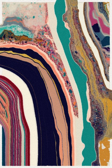 An abstract textile or artwork featuring flowing vertical bands of color including pink, black, teal, yellow, and white, with intricate swirling patterns resembling marbled geological strata.