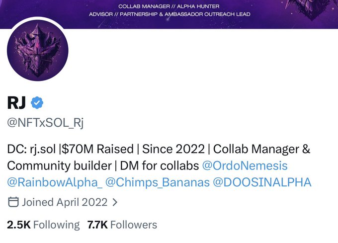 A Twitter/X profile page for 'RJ' (@NFTxSOL_Rj), a verified user with 7.7K followers, lists him as a Collab Manager and Ambassador Outreach Lead, with links to @OrdoNemesis, @RainbowAlpha_, @Chimps_Bananas, and @DOOSINALPHA.