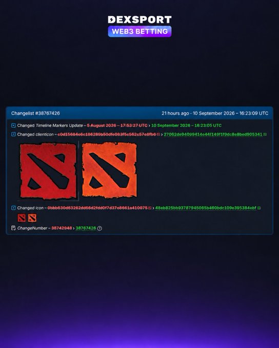 A DEXSPORT Web3 Betting changelog (#38767426) from September 10, 2026 showing updated Timeline Markers, client icon, and two orange logo images.