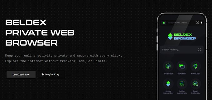 An advertisement for 'BELDEX PRIVATE WEB BROWSER' with the tagline 'Keep your online activity private and secure with every click. Explore the internet without trackers, ads, or limits.' featuring download options and a mockup of the app on a smartphone.