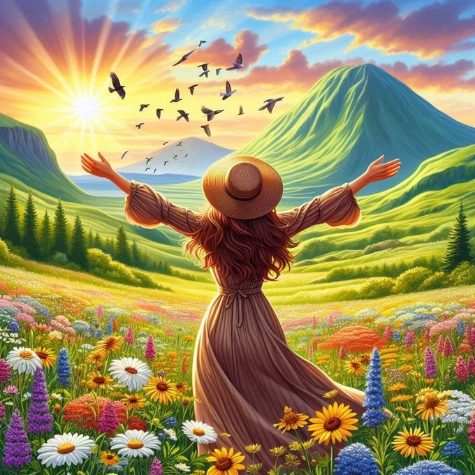 A woman in a flowing dress and sun hat stands with arms outstretched in a vibrant wildflower meadow, basking in a golden sunrise as birds soar above the rolling green mountains—evoking the refreshed vitality and harmony with nature that quality sleep brings. The imagery of awakening to a breathtaking new day mirrors the post's message about Sleepagotchi transforming healthy sleep into a rewarding, life-enhancing feedback loop.
