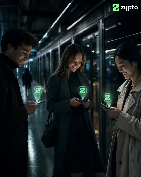 Three people smiling while using smartphones on a subway platform, with glowing 'Z' icons floating above their screens and a 'zypto' logo in the top right.