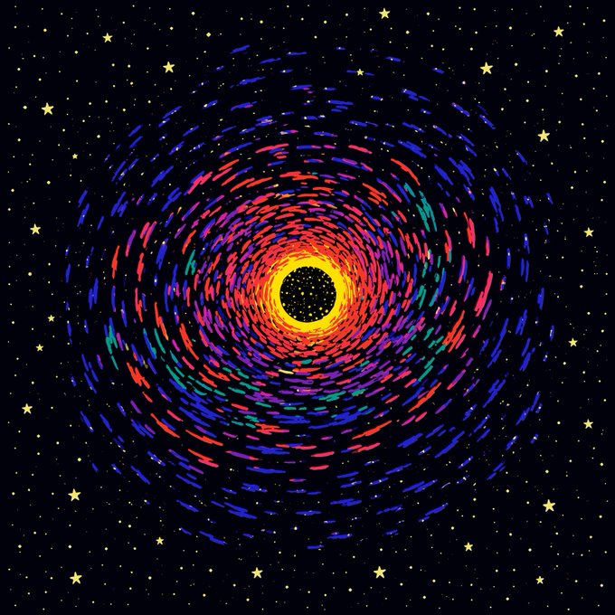 A vibrant illustration of a black hole surrounded by a swirling spiral galaxy of multicolored dashes against a starry night sky.