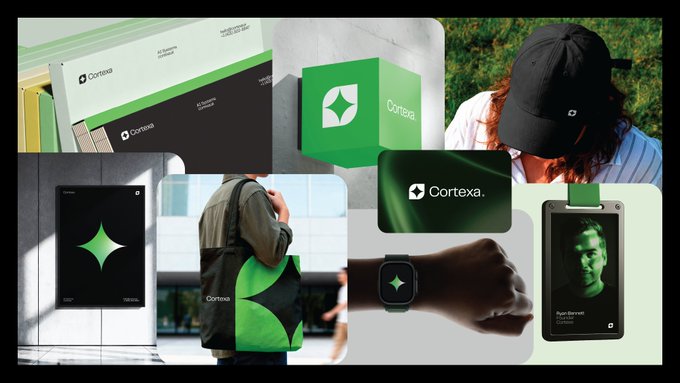 A brand identity collage for 'Cortexa' featuring a green and black logo applied across stationery, packaging, a baseball cap, tote bag, smartwatch, and digital signage.