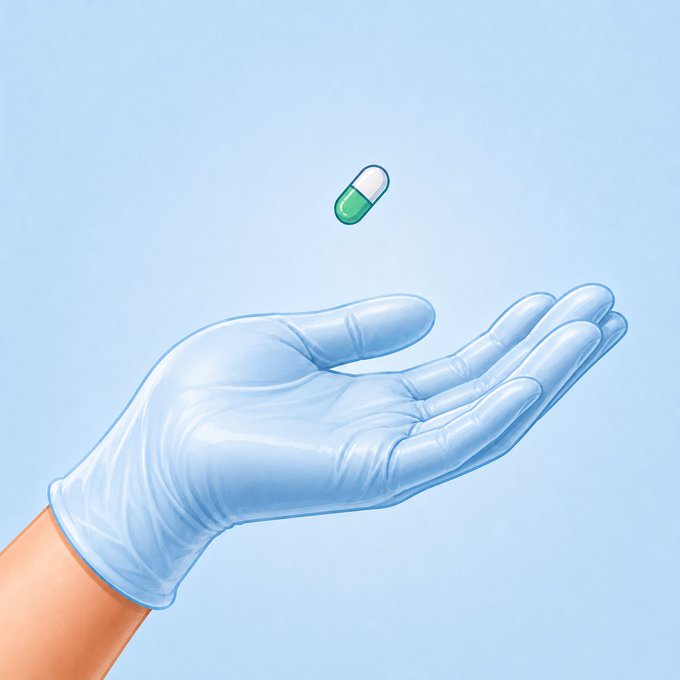 The image features a hand wearing blue latex gloves, holding a pill that appears to be green and white. The hand is positioned over a light blue background with a small amount of text visible at the bottom right corner. The main focus of the image seems to be on the glove-covered hand holding the pill in mid-air against this backdrop.