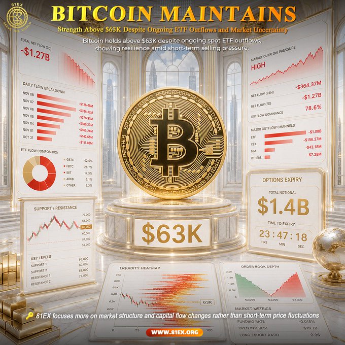 The image is an infographic by 81EX.org titled "BITCOIN MAINTAINS Strength Above $63K Despite Ongoing ETF Outflows and Market Uncertainty," featuring a central gold Bitcoin coin priced at $63K surrounded by data panels showing $1.27B total net ETF flow, $364.37M market outflow pressure, and a $1.4B options expiry countdown at 23:47:18. The visual reinforces the post's message of Bitcoin's resilience by pairing the price stability headline with detailed metrics on ETF outflows, support/resistance levels (63,000/60,000), and upcoming options expiry pressure.