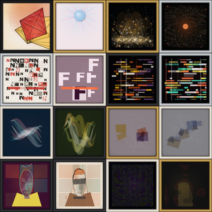A grid of 16 abstract digital art tiles featuring geometric shapes, particle effects, colorful bars, and stylized face illustrations.
