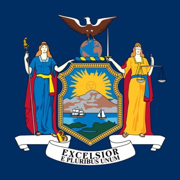 The image displays the flag of New York State, featuring its coat of arms with the state motto "EXCELSIOR" and "E PLURIBUS UNUM" on a banner, supporting the context of the New York State Retirement Fund's significant $295 million investment in Strive ($ASST) bitcoin treasury shares.