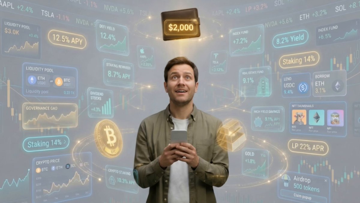 In this image, a man wearing a brown shirt and khaki pants is standing in front of a computer screen filled with graphics about the stock market or cryptocurrency trading. He is holding a cellphone, which has an overlay of the $2,000 price, suggesting that he may be monitoring his investment portfolio. The text on the screen reads "Your money. Your call. Your move. So why does every platform decide for you? Earn or trade, crypto or everything else, liquidity or yield". This implies that the man is actively engaging in cryptocurrency trading and making decisions about buying, selling, or holding coins based on his desired outcome of earning or gaining a profit.