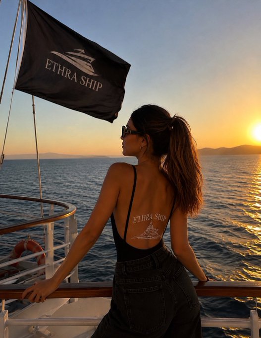A woman stands on a boat at sunset, facing the ocean, wearing a black top and jeans, with "ETHRA SHIP" visible as a tattoo on her back and on a flag above her.
