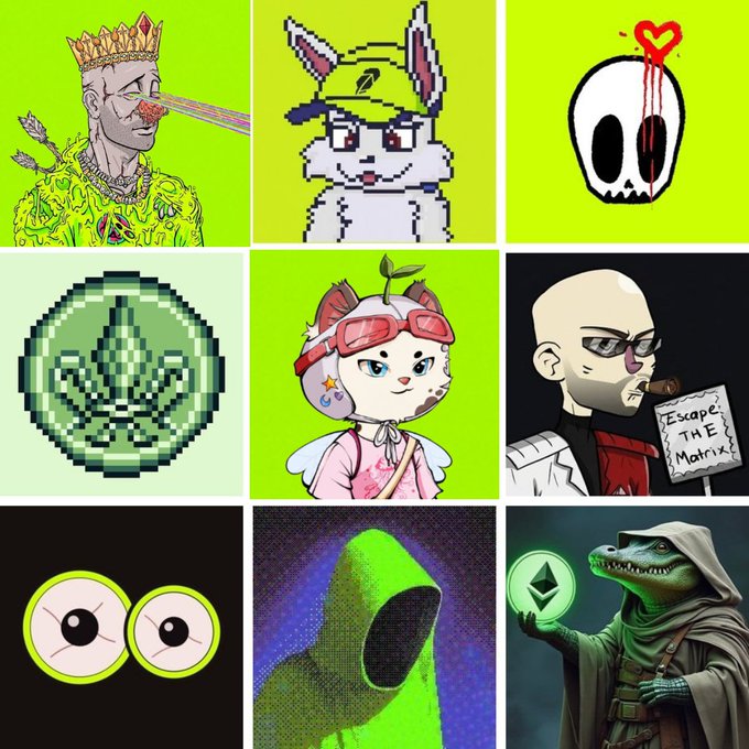 A 3x3 grid of nine digital art/character illustrations with a green background theme, featuring a crowned man with laser eyes, a pixel fox, a skull, an Ethereum logo, and other meme-style artwork.