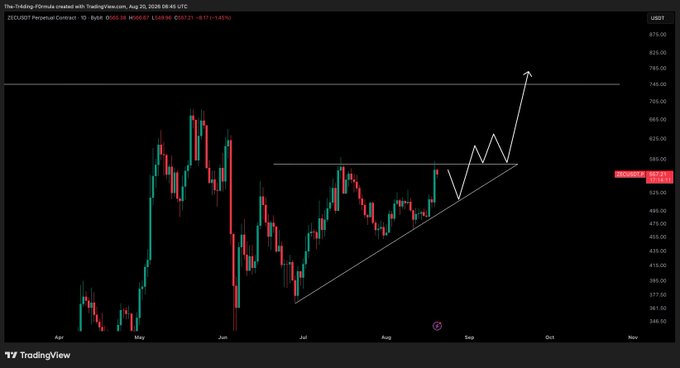 A TradingView daily candlestick chart for the ZEC/USD perpetual contract on Aug 20, 2025, showing a bullish ascending trendline with price hovering near $580, illustrating the post's setup of either a $580 reclaim or a pullback to the trendline for entries.
