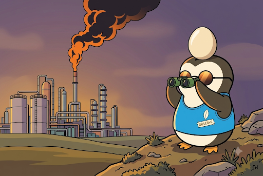 A cartoon penguin wearing a blue 'GasLeaks' vest looks through binoculars at an industrial factory emitting thick orange and black smoke against a purple sunset sky.