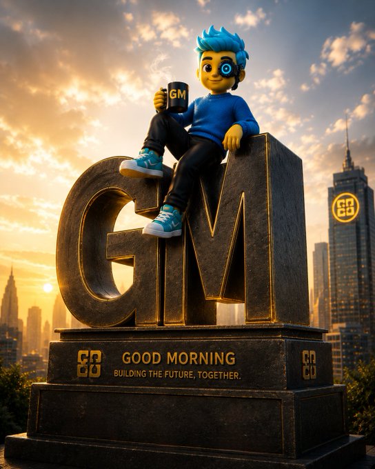 A 3D illustration of a blue-haired character holding a 'GM' mug while sitting atop a large bronze 'GM' monument that reads 'GOOD MORNING - BUILDING THE FUTURE, TOGETHER.'