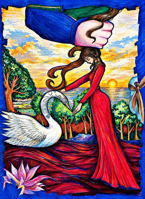 A colorful painting depicts a woman in a flowing red dress touching the head of a white swan at sunset, with a hand holding her long hair from above and a pink lotus flower below.