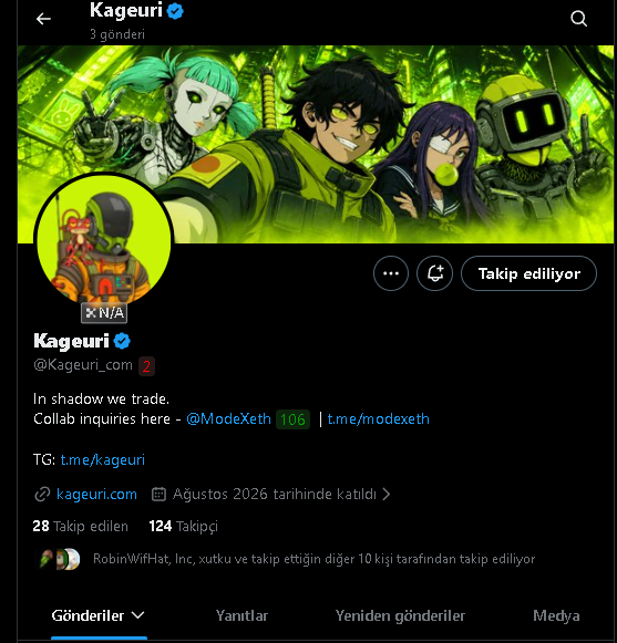 A Twitter/X profile for "Kageuri" (@Kageuri_com) featuring anime-style characters and branding for "X N A," displays 28 followers and 124 following, with a bio promoting "In shadow we trade" and contact links. The early-stage mention of launching on RobinWifHat aligns with the project's emerging status, as reflected by the low follower count and "August 2026" join date.