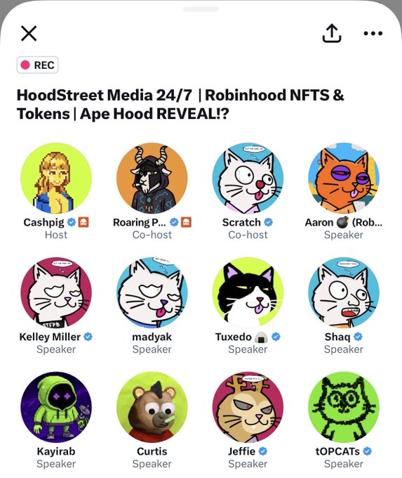 Twitter Spaces recording titled 'HoodStreet Media 24/7 | Robinhood NFTS & Tokens | Ape Hood REVEAL!?' featuring speakers including Cashpig, Roaring P..., Scratch, Aaron, Kelley Miller, madyak, Tuxedo, Shaq, Kayirab, Curtis, Jeffie, and tOPCATs.