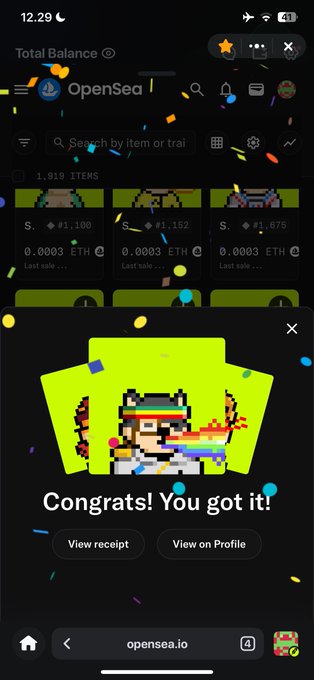 A screenshot from OpenSea showing a successful NFT purchase notification with the message "Congrats! You got it!" displayed over a pixel art character NFT, with visible total balance of 1.919 items at the top. The image illustrates the "sweep" mentioned in the post, showing a recent acquisition of a pixelated profile picture NFT from a collection priced at 0.0003 ETH, suggesting the user is actively buying up floor-priced items from what appears to be a low-supply NFT collection.