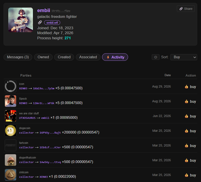 A screenshot of a cryptocurrency profile page for user 'embi' (16r9y...FGpw), titled 'galactic freedom fighter,' showing a transaction activity tab with various crypto transactions including XEM03, UTXOSAURUS, and collector tokens.