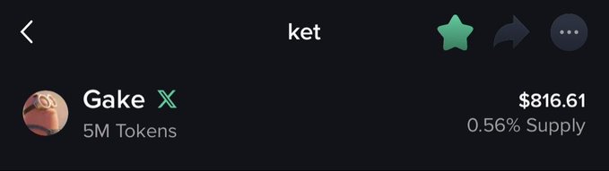 A screenshot of a meme token called "Gake" (ticker: ket) on what appears to be a DEX tracking platform, showing a price of $816.61 with 5M tokens representing 0.56% of supply. The image illustrates the post's warning about Ket's market cap reaching 5 million, showing the token's current price and supply metrics.