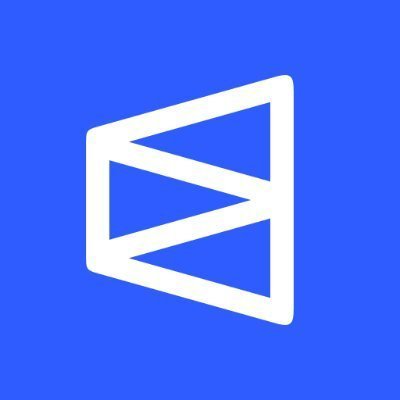 A blue square logo featuring a white geometric icon resembling a stylized letter 'B' or 'E' composed of triangular shapes.