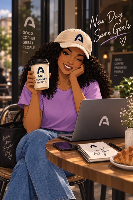 A cheerful illustration features a smiling young woman in a baseball cap and purple shirt holding a coffee cup labeled 'ARC MAINNET ON 16TH' while sitting at a cafe with a laptop, notebook, and pastry, with text reading 'New Day Same Goals'.