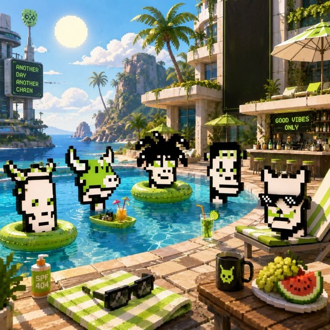 A whimsical, retro-pixel art scene shows pixelated characters floating in pool tubes at a tropical resort, with signs reading 'ANOTHER DAY ANOTHER CHAIN' and 'GOOD VIBES ONLY'.