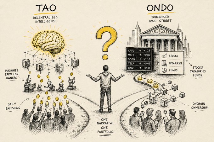 A hand-drawn illustration contrasts two crypto narratives for 2026: **$TAO** ("Decentralised Intelligence") showing a glowing brain connected to machines earning for owners with daily emissions to a crowd below, and **$ONDO** ("Tokenised Wall Street") depicting a classical bank building with stock tickers (AAPL, MSFT, GOOG, TSLA, BND) flowing into onchain ownership boxes. A central figure with a question mark and raised hands stands at a crossroads where the paths meet under the caption "One narrative. One portfolio."