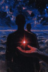 A dark, surreal image showing silhouettes against a cosmic blue background with a glowing red star being held in an outstretched hand.
