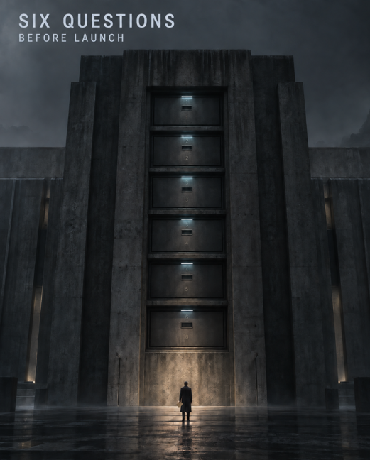 A dark, atmospheric digital artwork titled 'SIX QUESTIONS BEFORE LAUNCH' showing a silhouetted figure standing before a massive concrete structure with six numbered doors.