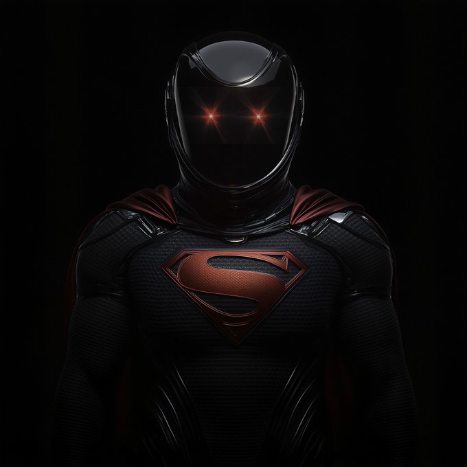 A dark, dramatic image of a Superman-like figure in a black armored suit with a metallic red and gold 'S' shield, with glowing red eyes visible through the helmet.